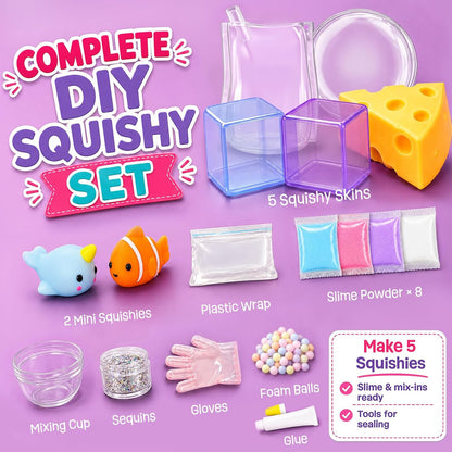 MOREDOTS Squishy Making Kit, Make 5 DIY Squishies, Arts & Crafts Activity Set for Kids Ages 6+, Glitter Drink Cup, Ball, Cheese & Cube Squishies