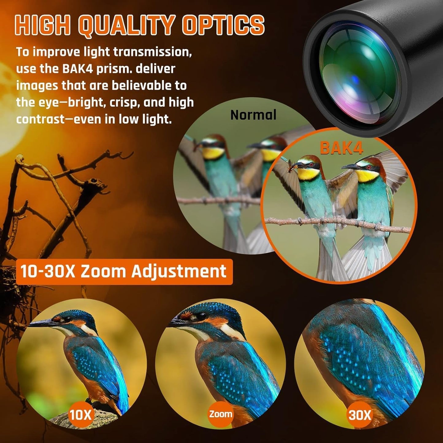 10-30x50 Zoom Binoculars for Adults High Powered HD Optics,Waterproof, Fogproof,Military,Bird Watching,Traveling Concerts,Large View,BAK4,FMC Lens,Clear Low Light Vision