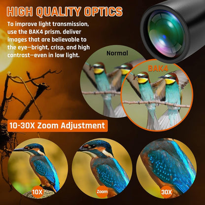10-30x50 Zoom Binoculars for Adults High Powered HD Optics,Waterproof, Fogproof,Military,Bird Watching,Traveling Concerts,Large View,BAK4,FMC Lens,Clear Low Light Vision