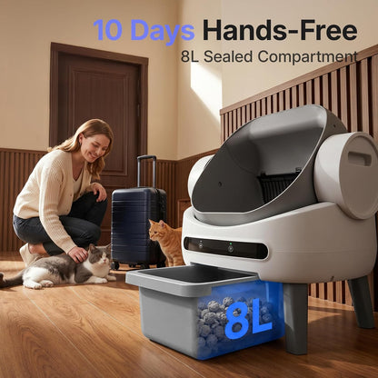 Self Cleaning Litter Box, Automatic Litter Box for Multiple Cats Open-Top Automatic Litter Box with Safety Sensors, 8L Large Waste Drawer, Includes Waste Bag and Odor Eliminator, White