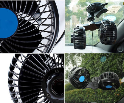 PME 12V Dual-Head Powerful Auto Fan | 2-Speed Car Fan with 360° Adjustable Heads, Suction Cup Mount & Cigarette Lighter Connector
