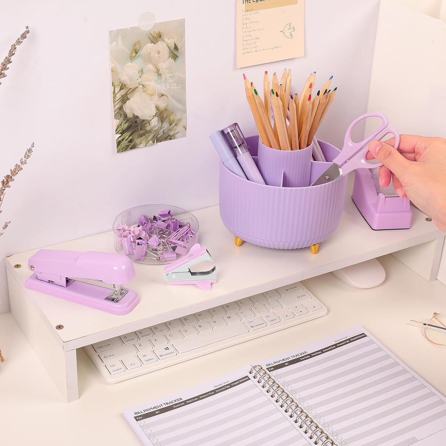 SKYDUE Purple Office Supplies Set with Rotating Pencil Holder for Desk, 11-Piece Desk Organizer and Stationery Kit