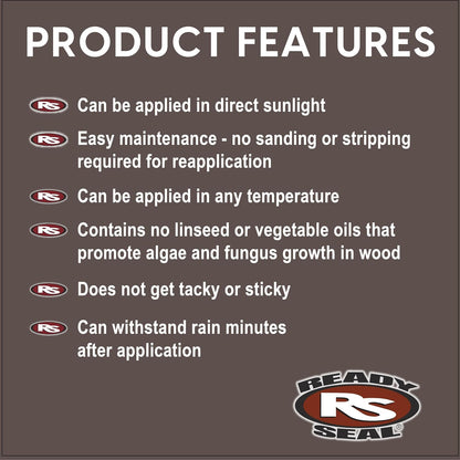 Ready Seal Exterior Wood Stain & Sealer, Natural Cedar, 5 Gallon 5 Gallon semi-transparent "Goof Proof" oil-based stain & sealer for decks, fences, siding & pergolas; no primer, no streaks.
