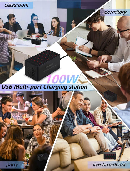 USB Charging Station,100W 20-Port Multi Smart Safety Fast Charger Station for Phone Tablet Watch Headphone PS, Compact Desktop Charger Home Office Travel