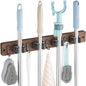 OUTNILI Mop and Broom Holder Wall Mount, Wood Broom Mop Hanger, Wall Mounted Garden Tool Rack Organizer, Rustic Kitchen Decor, 4 Slots & 4 Hooks, Brown