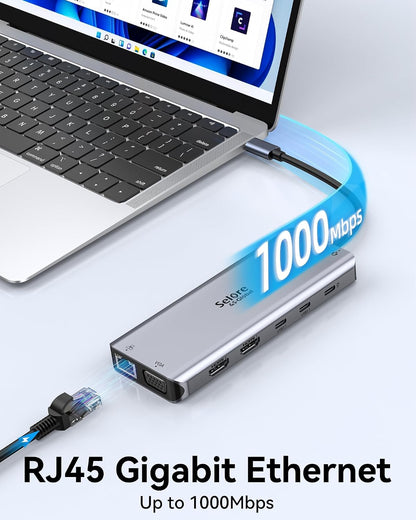 Selore USB C Docking Station Dual Monitor, 14-in-1 Laptop Docking Station Docking Station 3 Monitors with 2 HDMI, VGA, 10G USB A/C, 100W PD, 6 USB A/C Ports, USB C Hub Multiport Adapter for Windows