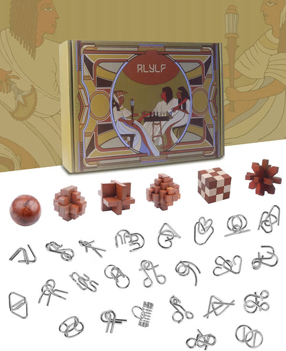 RLYLF 30-Piece Brain Teaser Puzzle Set, Wooden & Metal 3D Assembly and Disassembly Puzzles for Adults, Teens & Kids, Portable Logic Games for Family, Office & Party