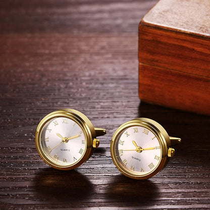 Avaner Men's Clip Cufflink Watches, 2-Pack Analog Quartz Pocket Watches with Roman Numerals, Japanese Quartz Movement, Gold & Silver Bezel, Black Band