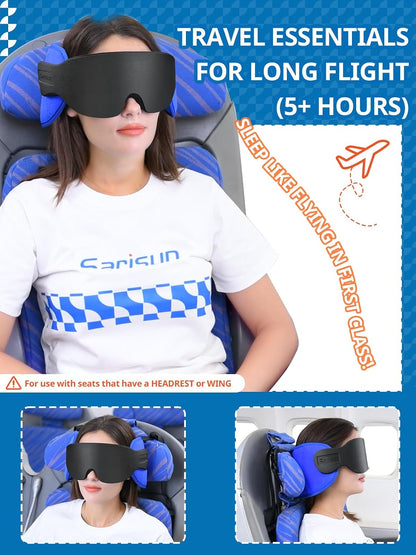 SARISUN Travel Pillows for Airplanes, Stable Head Support, Travel Essential Airplane Pillow with 3D Eye Mask, Seat Strap Secures to Headrest, Stop Bobblehead, for Long Flight Road Trip Sleeping, Black