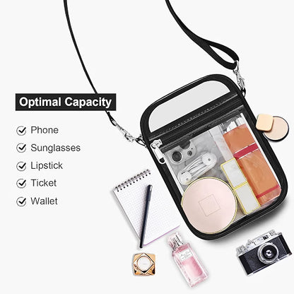 USPECLARE Clear Purse for Stadium Events, Transparent Messenger Crossbody Bag with Adjustable Removable Strap, PVC Clear Bag for Concerts, Sports & Events, Black