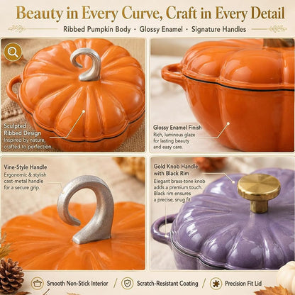 Pumpkin Enameled Cast Iron Dutch Oven with Lid, Oven Safe Soup Casserole Dish with Dual Handles, Cute Fall Harvest Decor Bakeware for Thanksgiving Halloween (B2, 16CM)