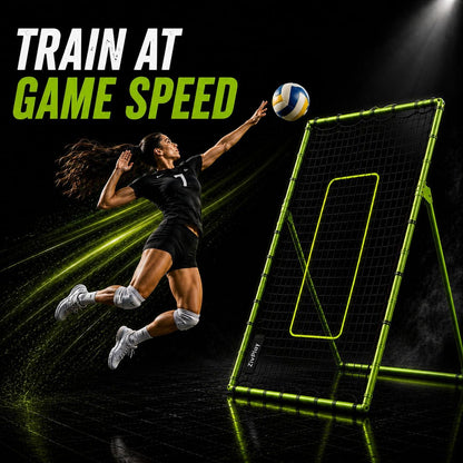 ZivPlay Volleyball Rebounder Net, 7 x 4 Ft Bounce Back Training Equipment with 5 Adjustable Angles, 28 Bungee Cords, Neon Target Strap & Ground Stakes