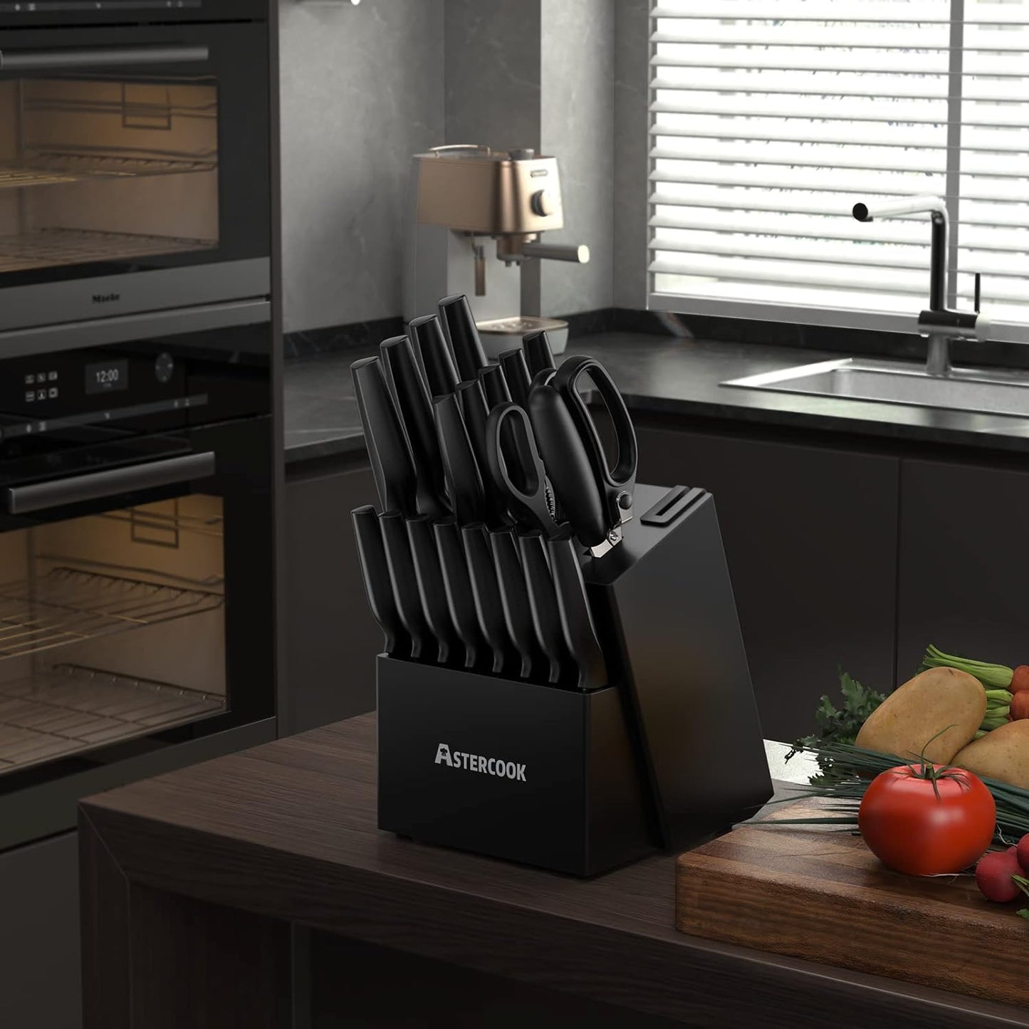 Knife Set, Astercook 21 Pieces Knife Sets for Kitchen with Block, Dishwasher Safe Kitchen Knife Set with Built-in Sharpener, German Stainless Steel Black Knife Block Set, Fathers Day Gift for Men