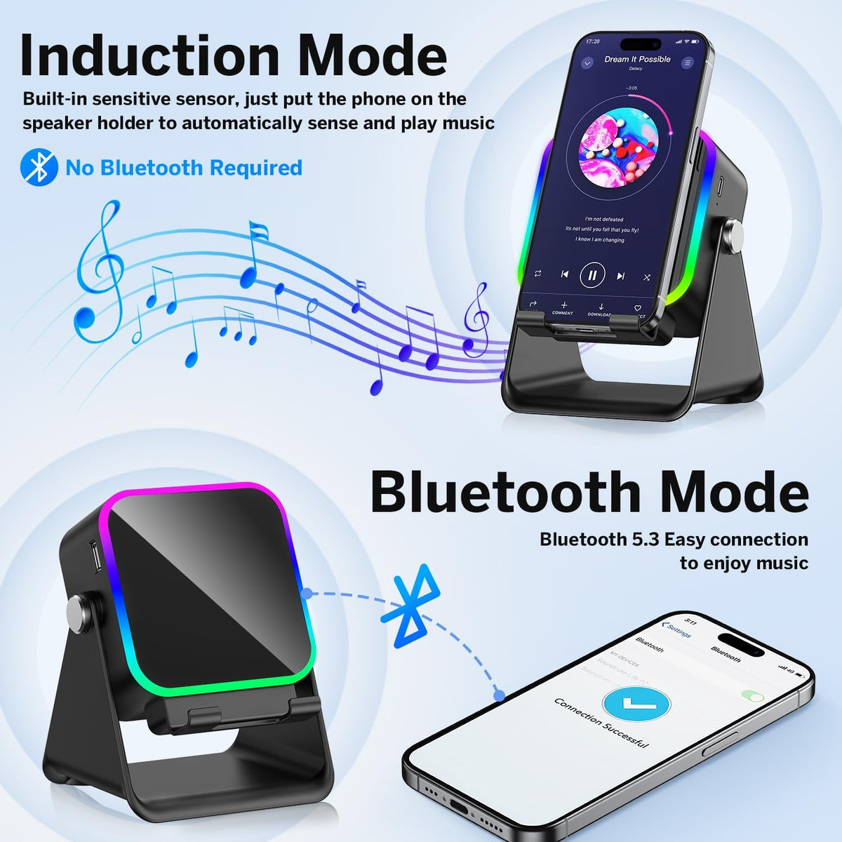 MILOUZ Wireless Induction Bluetooth Speaker with Phone Stand – 5-in-1 RGB Speaker for iPhone/Android/iPad (Black)