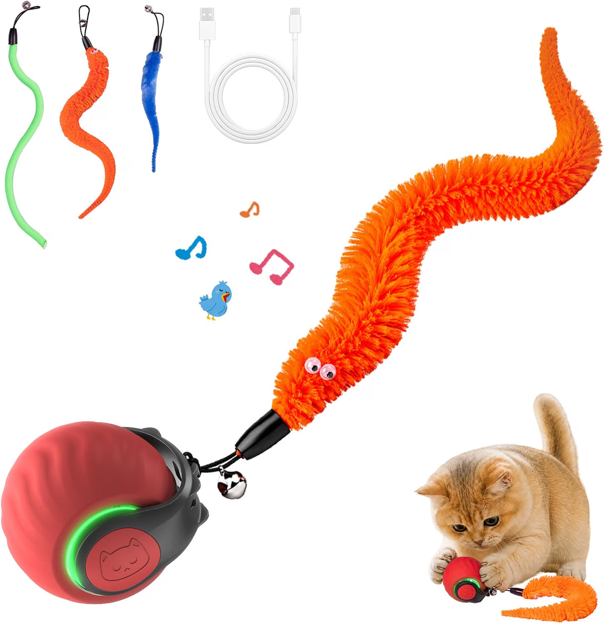 Geamen Interactive Cat Toy with Bird Sounds, 3 Smart Play Modes, Rechargeable Automatic Rolling Ball with 3 Teaser Tails, Indoor Cat Exercise Toy, A1 Red