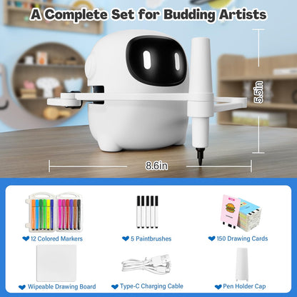 RIVGOT Drawing Robot for Kids with 150 Cards, Voice Interactive Educational Drawing Machine, Montessori Painting Learning Toy with 12 Markers, 5 Pens & Reusable Drawing Board, Ages 3-8