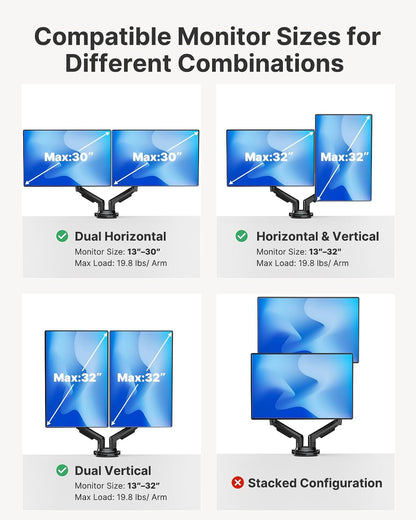 HUANUO FlowLift™ Dual Monitor Stand, Fully Adjustable Gaming Monitor Desk Mount for 13–32″ Computer Screens, Full Motion VESA 75x75/100x100 with C-Clamp & Grommet Base, Each Arm Holds 4.4 to 19.8 lbs