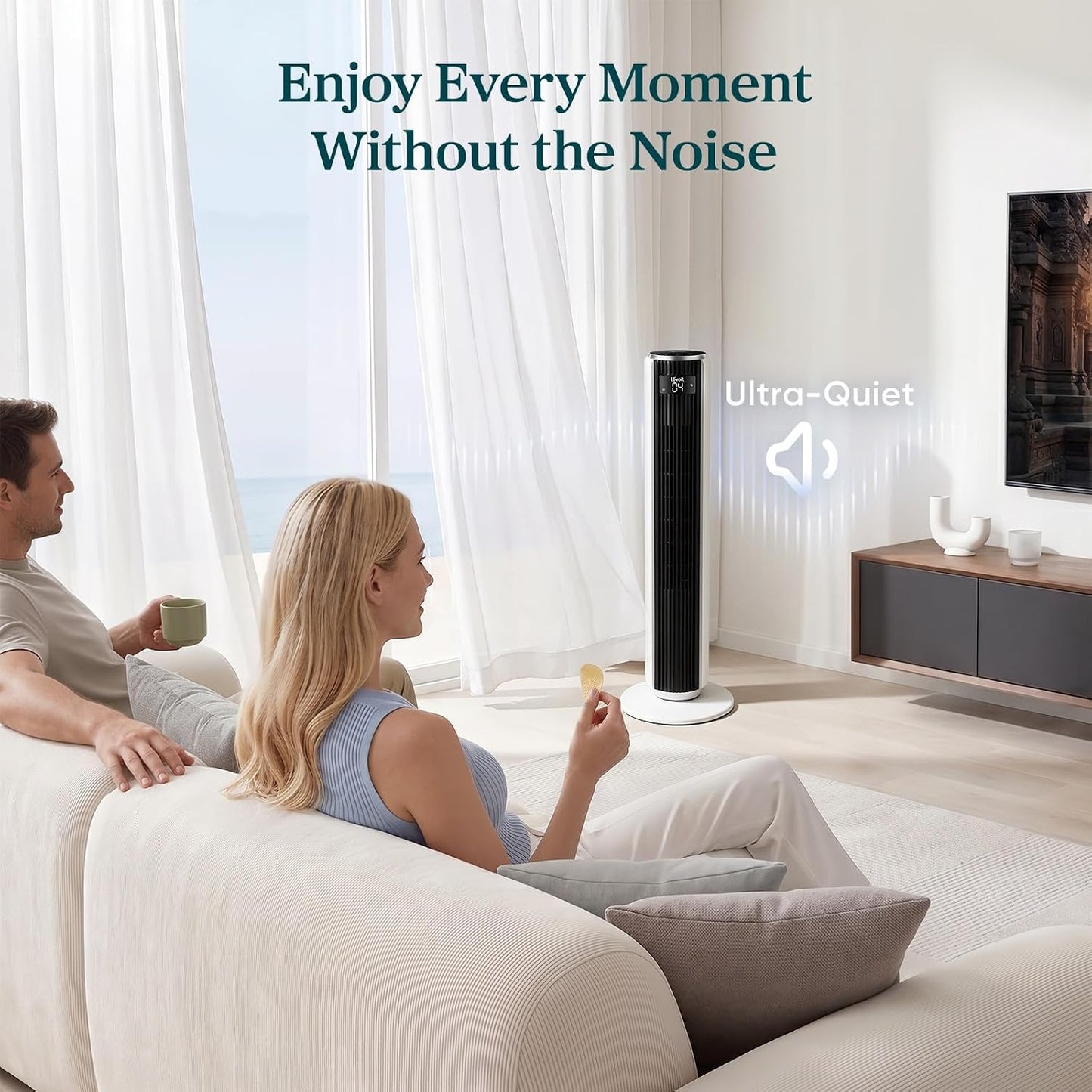 Levoit Tower Fan for Bedroom, 28ft/s Fans that Blow Cold Air, 28dB Quiet Standing Floor Fan for Room, 90° Oscillating, 5 Speeds 4 Modes & Temp Sensor, Bladeless, 12H Timer, Remote, 36 inch, White