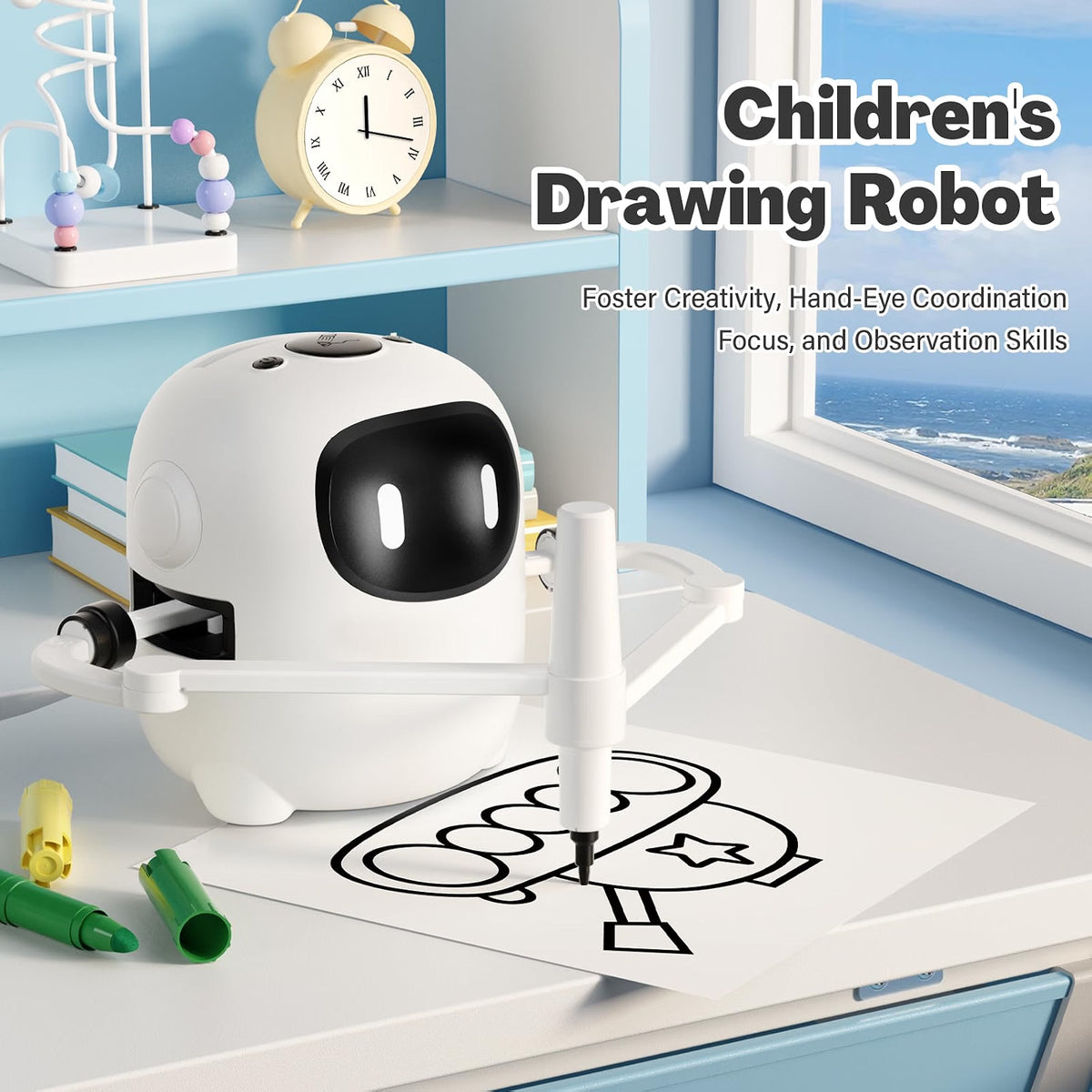 RIVGOT Drawing Robot for Kids with 150 Cards, Voice Interactive Educational Drawing Machine, Montessori Painting Learning Toy with 12 Markers, 5 Pens & Reusable Drawing Board, Ages 3-8