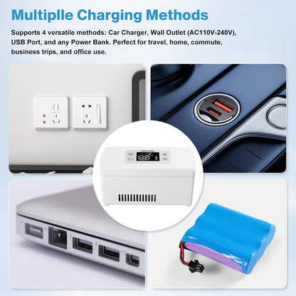 Portable Insulin Cooler Travel Case with Digital Thermostat, FAA-Compliant Stable 0-18°C, holds 3-6 pens, long battery, car/wall/USB, easy LCD.