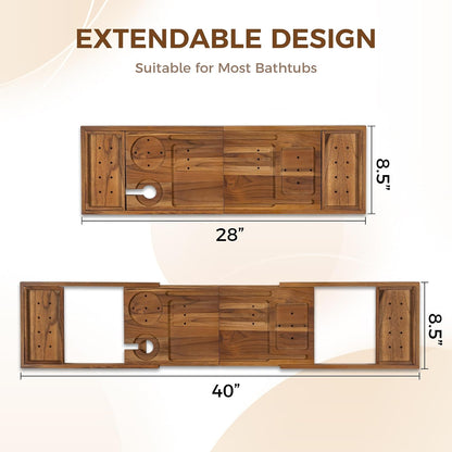 Teak Bathtub Tray - Luxury Bath Tray with Expandable Handles, Wine Glass and Phone Holders, Book Stand - Perfect for Home Spa Relaxation and Reading - Natural Bath Accessories - Light Walnut Color