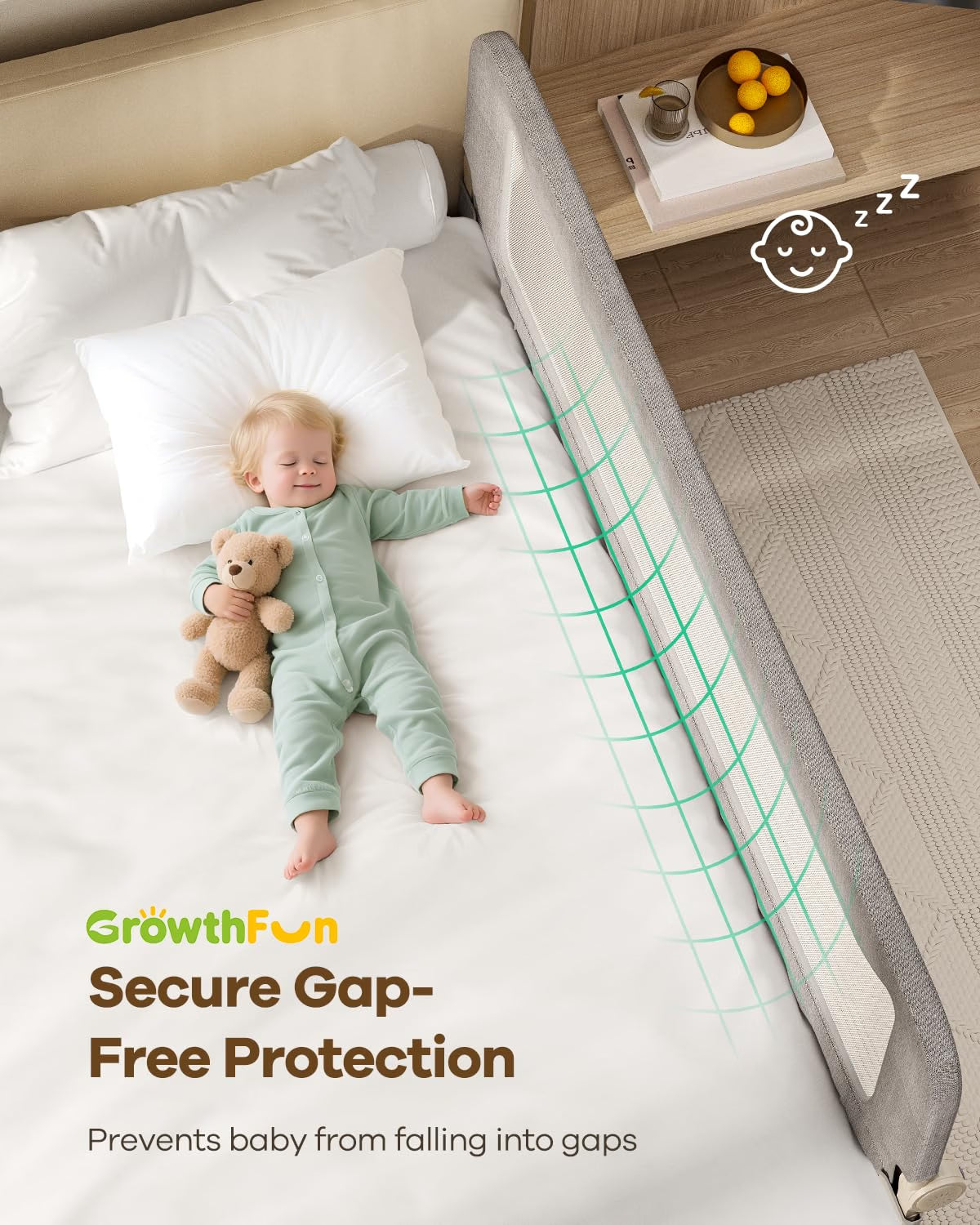 GrowthFun Foldable Bed Rail for Toddlers, 71-Inch Reinforced Carbon Steel Bed Guard with Breathable Oxford Mesh, Adjustable Safety Rail for Twin, Full, Queen & King Beds, Grey