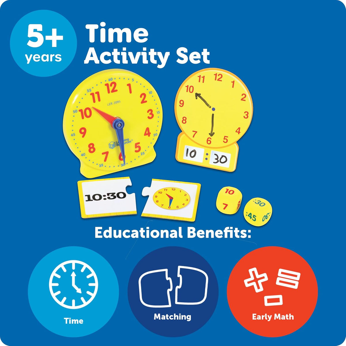 Learning Resources Time Activity Set, 41-Piece Hands-On Clock Learning Kit for Kids Ages 5+, Analog & Digital Time Practice with Activity Cards, Puzzles & Dice