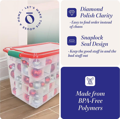 HOMZ Holiday Tote Plastic Storage Bin with Lid, 112 Qt, Clear/Red, 2 Pack Large Stackable Organization Container for Home, Garage, and Office Organization