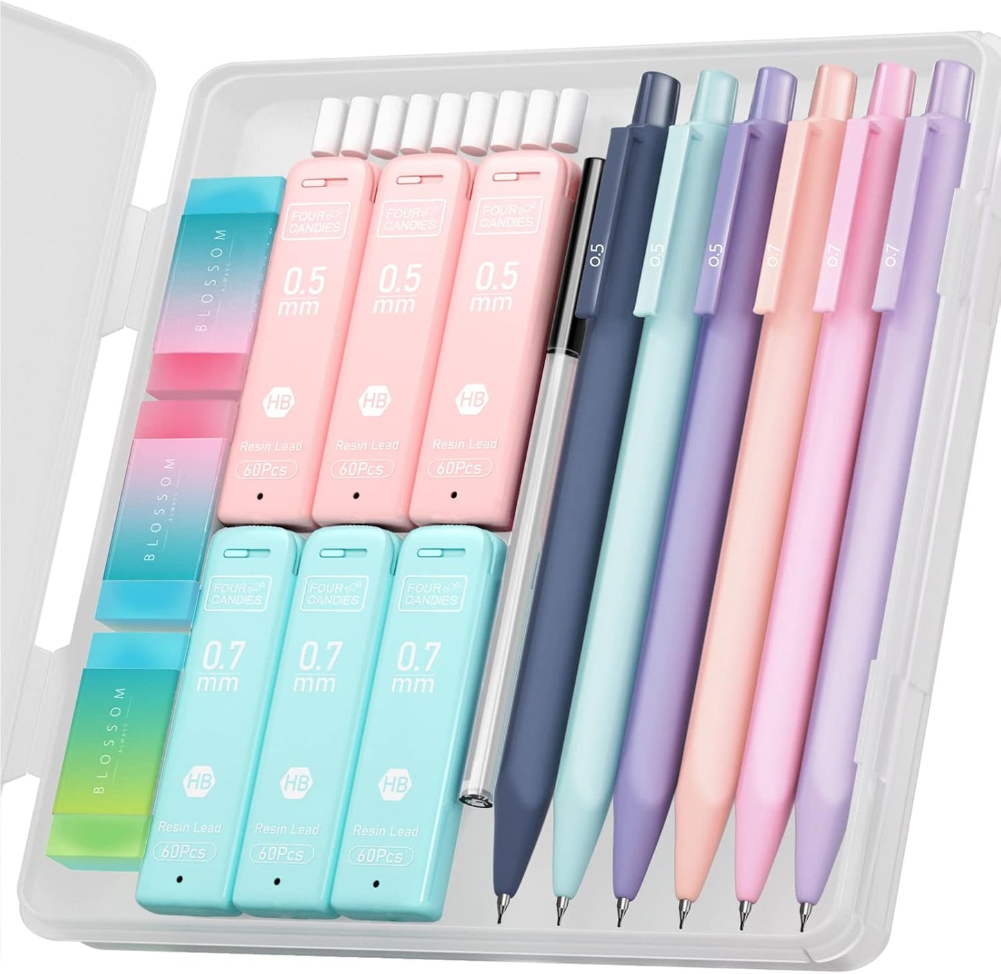 Four Candies Cute Mechanical Pencil Set, 6-Pack 0.5/0.7mm with Lead Refills and Erasers, Multicolor