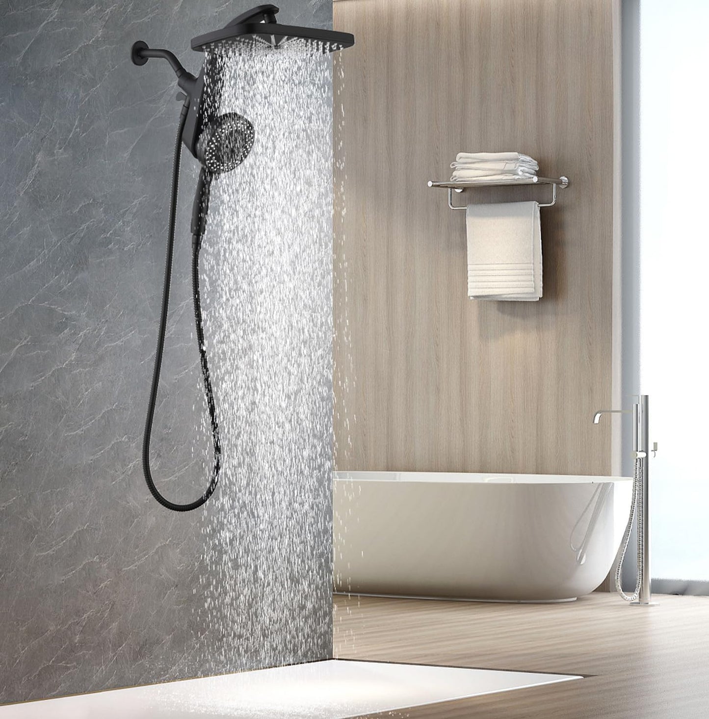 Rain Shower Head with Handheld Showerhead, Black 1.75GPM 460311 12" High Pressure Rainfall Shower Heads, 9 Sprays Handheld Showerheads, Magnetic Docking, Power Jets, 59" Shower Hose