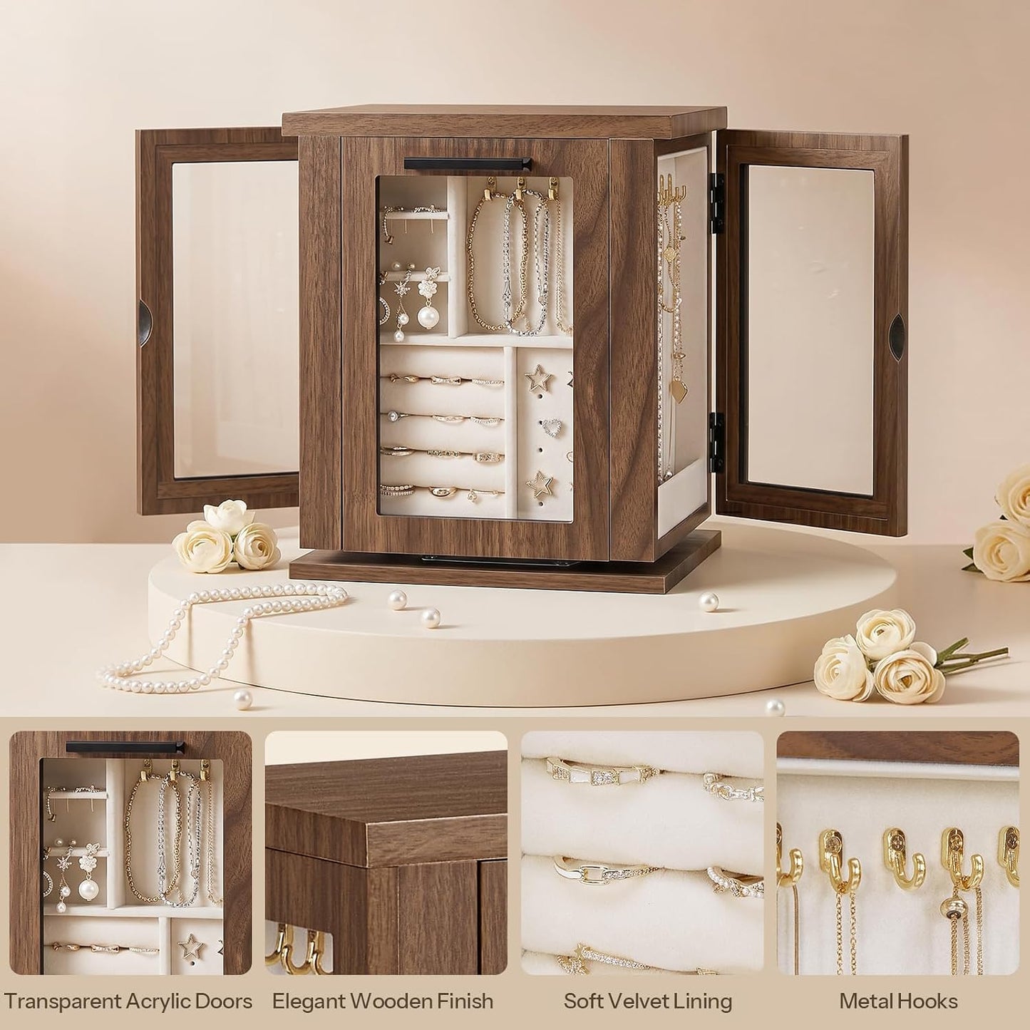 HOOBRO 360° Rotating Jewelry Box with Mirror, Wooden Jewelry Organizer Box 4 Drawers, 3 Transparent Acrylic Doors, Large Jewelry Storage Box for Necklaces, Rings, Bracelets, Earrings, Walnut BH31JB04