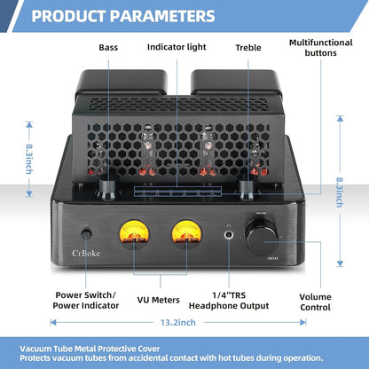 Tube Amplifier, Stereo Vacuum Tube Class A/B Amplifier,Integrated Amplifier with Bluetooth 5.0,Subwoofer Output, Headphone Output, Record Player Phono Preamp and USB DAC