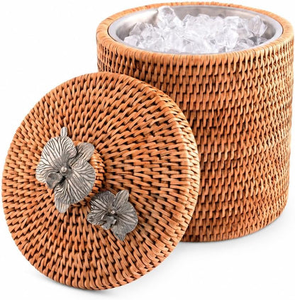 Vagabond House Wicker Ice Bucket with Pewter Orchid Knob, Stainless Steel Lined Rattan Champagne Holder, 8-Inch