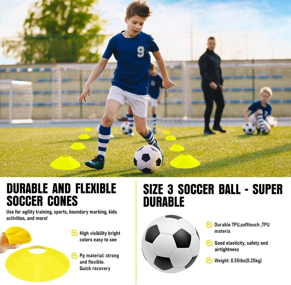 MUROZA Kids Soccer Goal Set, 2 Pack 4 x 3 Ft Portable Pop-Up Soccer Nets with Size 3 Ball, Pump, Cones, Stakes & Carrying Bag