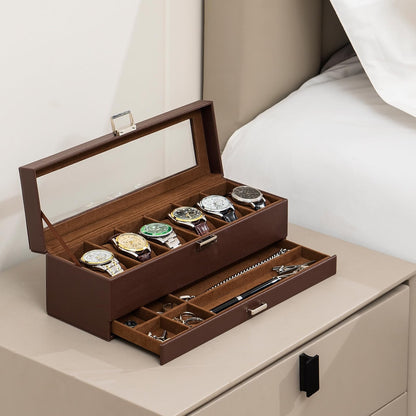 ProCase Watch Box, 6-Slot Watch Display Case with Drawer, 2-Layer Glass Lid Watch Organizer with Faux Leather & Velvet Interior, Espresso