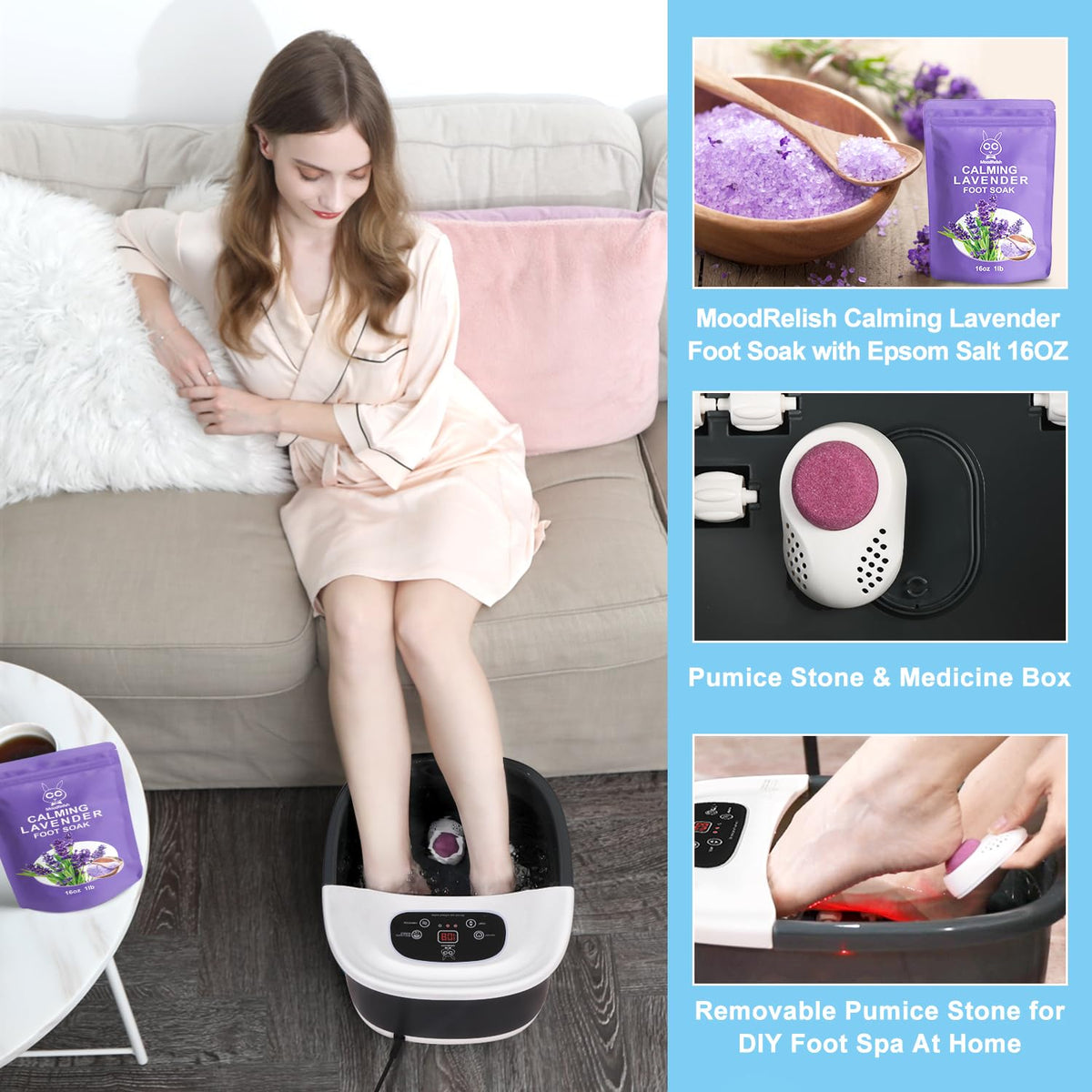 MoodRelish Foot Spa Bath Massager with Heat, Bubbles, Vibration & Jets, Infrared Light, 22 Massage Rollers, Adjustable Temperature, 16 oz Lavender Epsom Salt Soak, Black