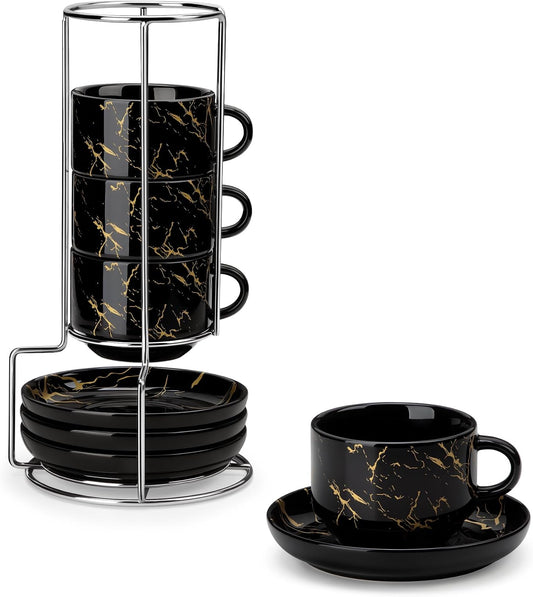 MALACASA Porcelain Espresso Cups Set of 4, with Saucers and Metal Stand, 4 Ounce Stackable Cappuccino Cups, Expresso Shots Cup Ceramic Demitasse Mugs, Marble Black