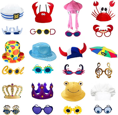 Qunonaty 24-Piece Funny Party Hats & Sunglasses Set, 12 Assorted Novelty Hats and 12 Funny Glasses for Photo Booth Props, Costume Parties & Celebrations