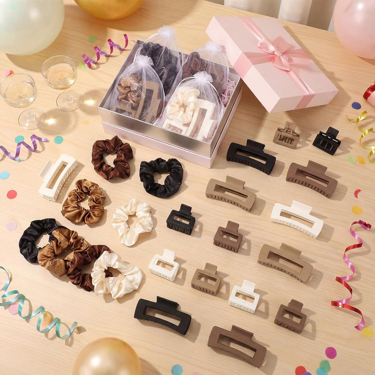 144 Pcs Hair Clips Scrunchies Set for Women, Neutral Square Matte Clips for Women Girls, Neutral Bulk Accessories for Thick Thin Hair, Birthday Goodie Stuffers Fall Winter Style