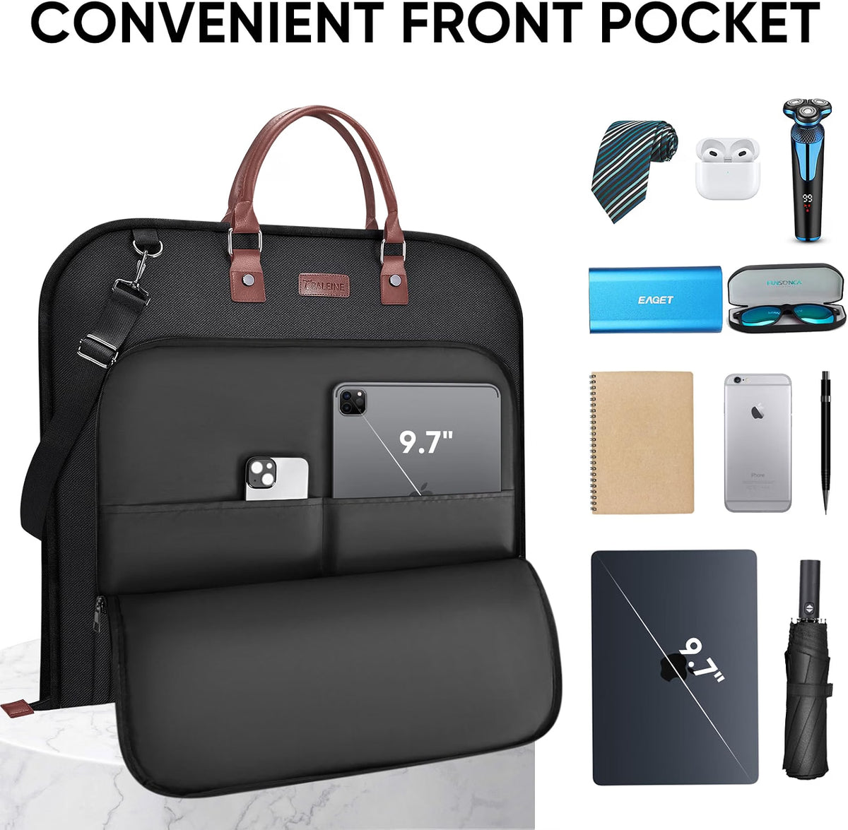 BALEINE Garment Bag for Travel, Water-Resistant 600D Suit Bag with Wrinkle-Free Storage, Foldable Carry-On Travel Bag with Adjustable Shoulder Strap & Front Pocket