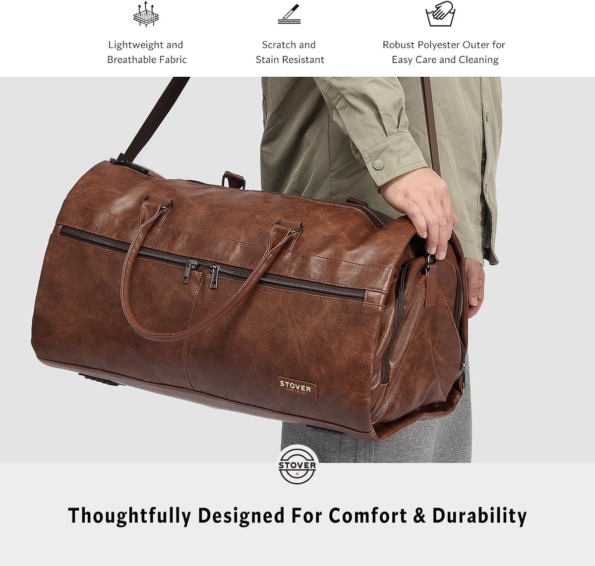 STOVER Garment Travel Duffle Bag, Large 2-in-1 Convertible Carry-On Garment Bag & Duffel with Shoe Compartment, 57L Weekender Travel Bag for Men & Women, Brown Leatherette