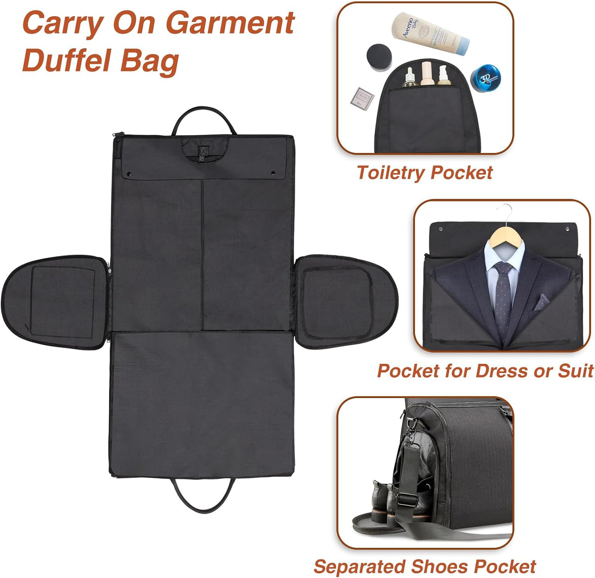Garment Bag for Travel, Convertible Carry-On Duffel with Shoe Compartment, Waterproof & Wrinkle-Free Suit Carrier for Business Trips & Weekend Getaways, Foldable & Lightweight