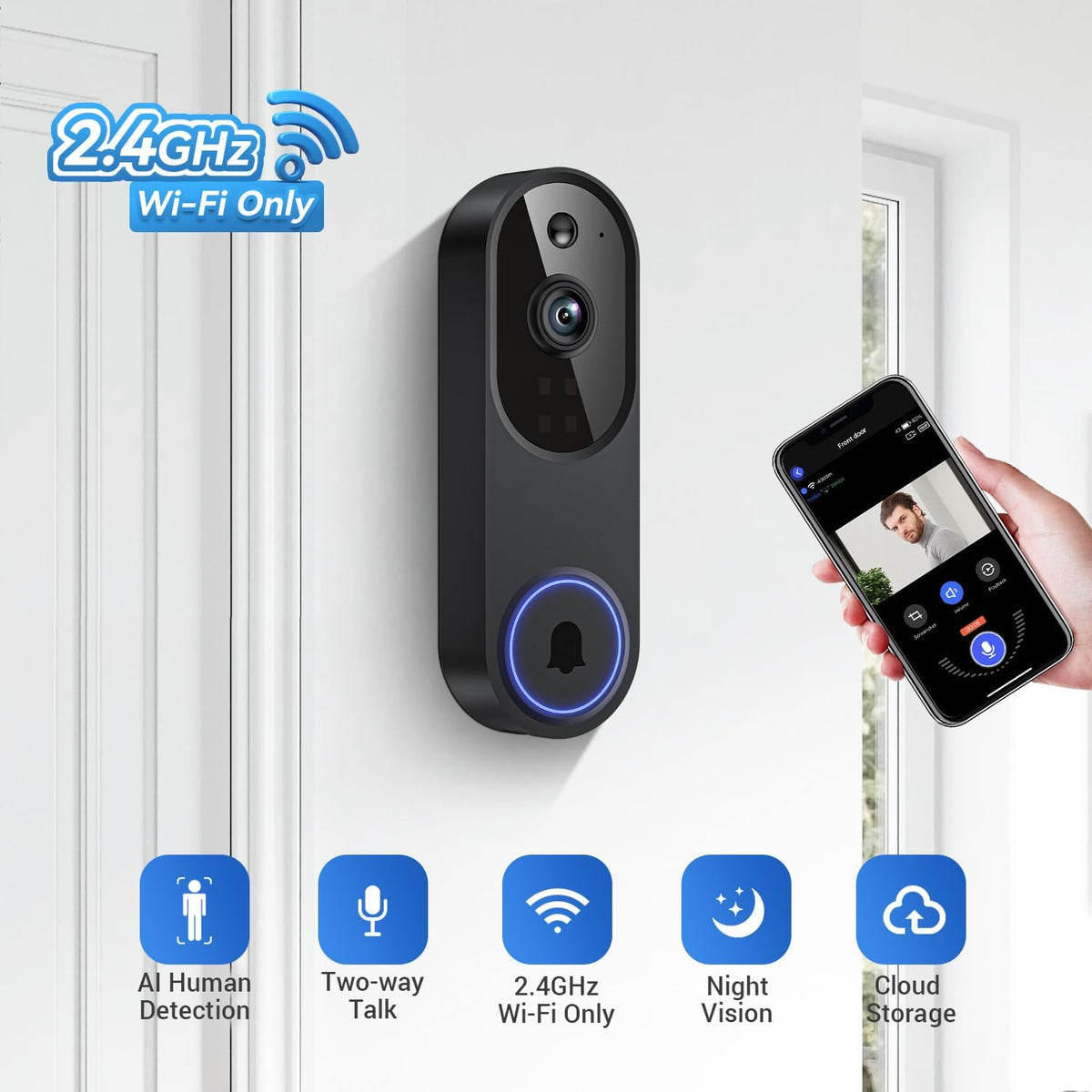 SearByte 1080P Wireless Video Doorbell Camera, Battery Powered with Color Night Vision, 2-Way Audio, Motion Alerts, 2.4GHz Wi-Fi