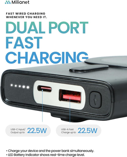 Magnetic Power Bank with Built-in Stand for iPhone | 10000mAh MagSafe-Compatible Wireless Charger, 15W Fast Charging, USB-C PD, 3-in-1 Cable