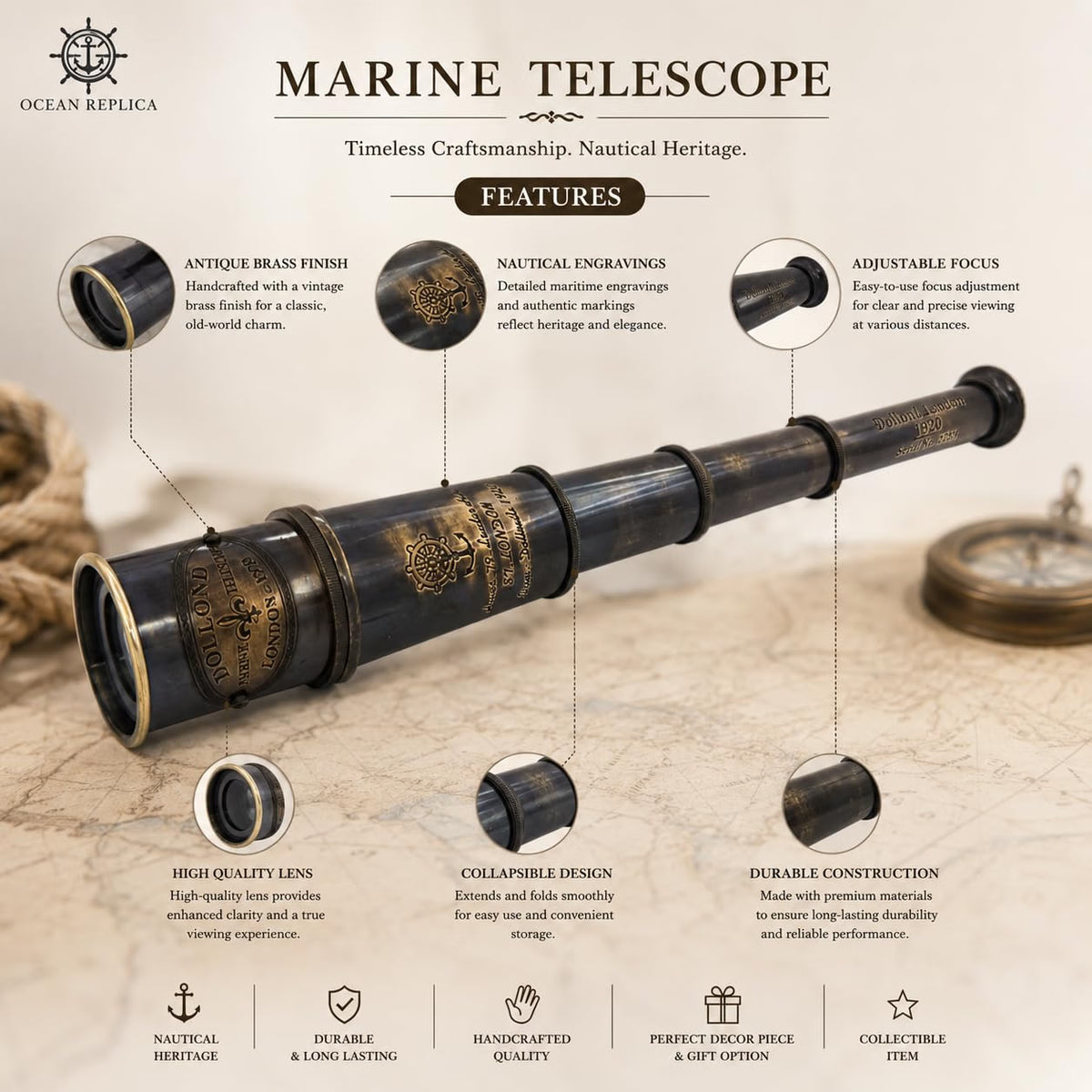OCEAN REPLICAS 1920 Dollond London Brass Maritime Telescope, 15-Inch Vintage Nautical Spyglass with 25x Magnification, Solid Brass Scope & Wooden Box
