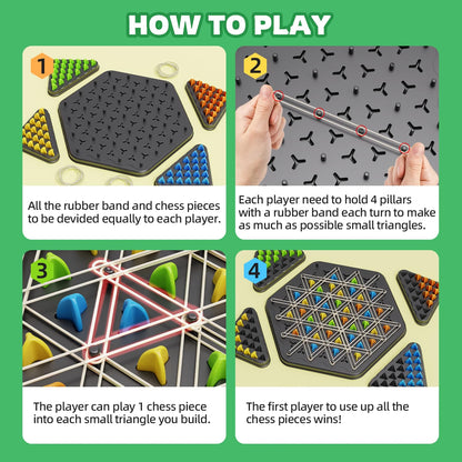 Hcusus Chain Triangle Chess Game, Strategy Board Game for Kids & Adults, 2-4 Player Triangle Rubber Band Game with 84 Pieces, 50 Rubber Bands & Storage Bag