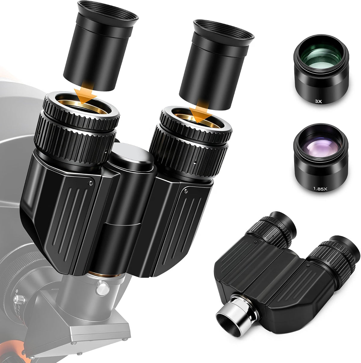 Astromania Stereo Binoviewer for 1.25" Telescope Eyepieces, Binocular Viewer with Two 32mm Plossl Eyepieces, 1.85x & 3x Correctors, Multi-Coated BAK-4 Prisms