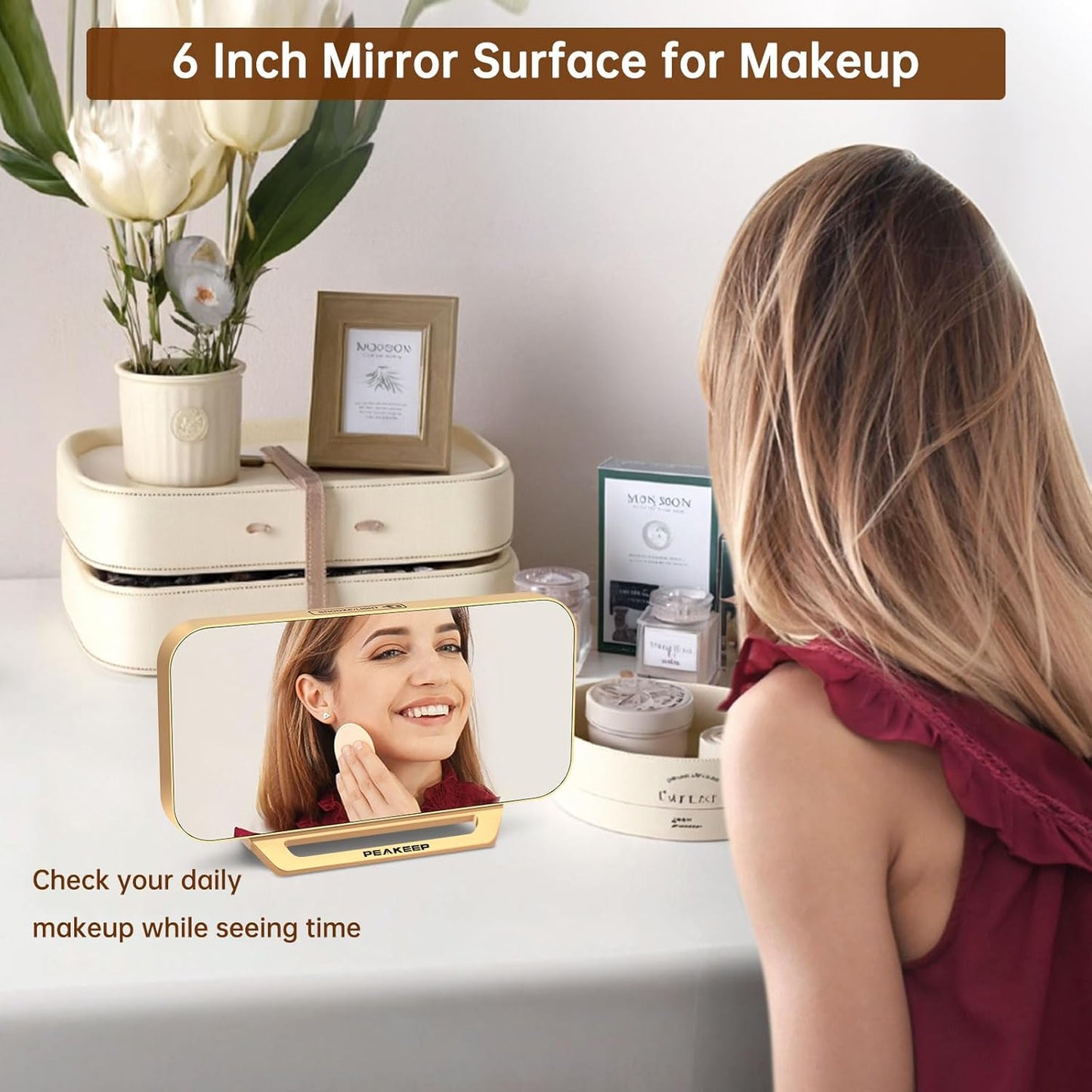 Slim Digital Mirror Alarm Clock, Large LED Display, 6-Level Brightness, Adjustable Alarm Volume, Gold