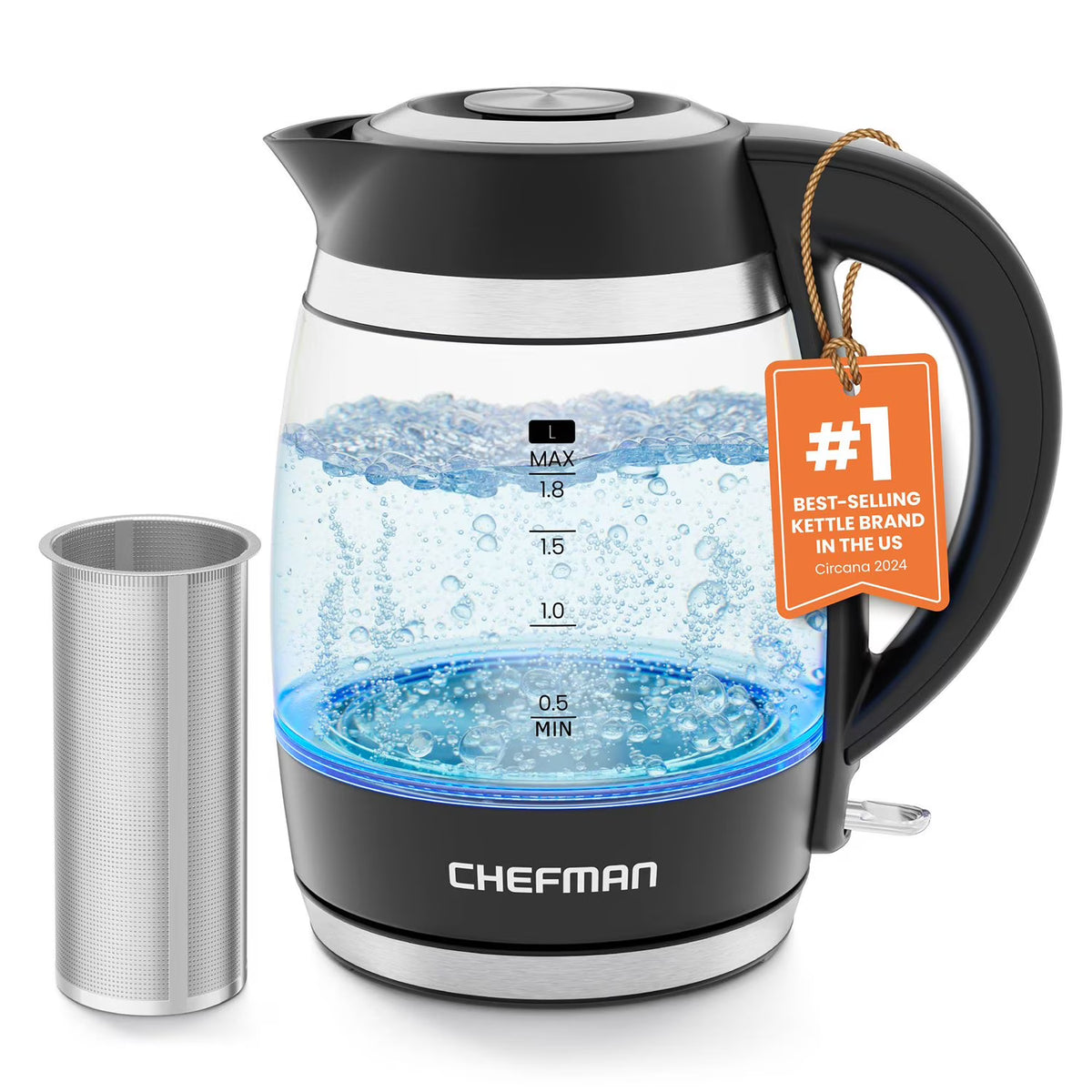 Chefman Fast-Boil 1.8L Electric Kettle with Removable Tea Infuser, 1500W Rapid Boil, Borosilicate Glass, 360° Swivel Base, Blue LED, Automatic Shutoff