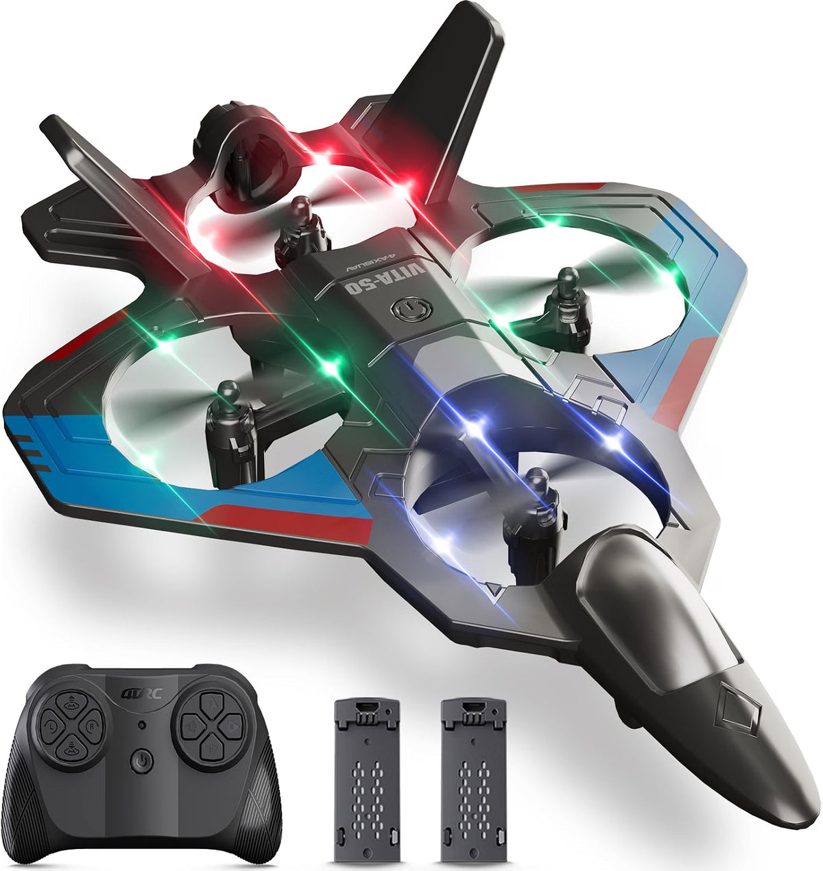 4DRC 4D-V50 Remote Control Airplane for Kids & Adults, 360° Stunt RC Fighter Aircraft with Headless Mode, Altitude Hold, 3-Speed Modes, LED Lights & Hand-Throw Takeoff, Black